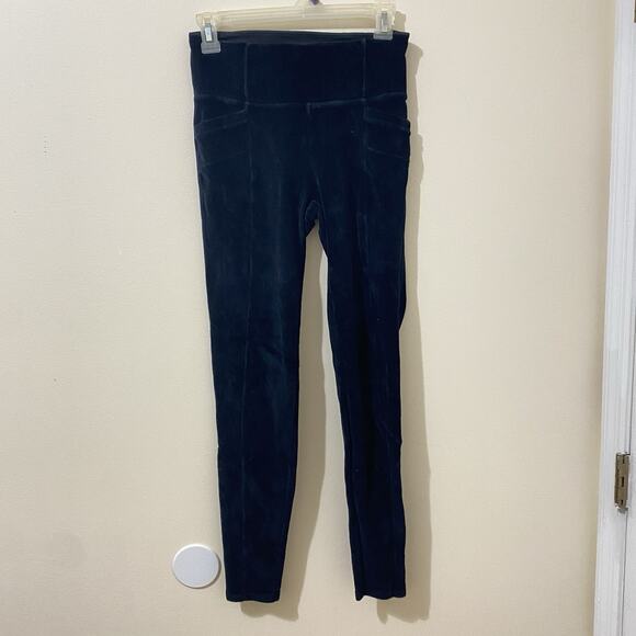 Athleta Black Velvet Velour Leggings Pointe Leg Pockets Womens Size Small - Picture 1 of 6